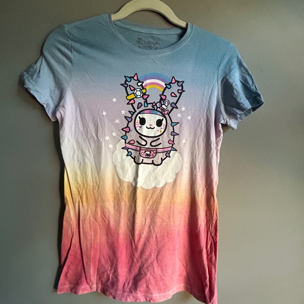 Tokidoki Womens Ombre Graphic Tee Blue Pink Sunset Rainbow Bunny Size M